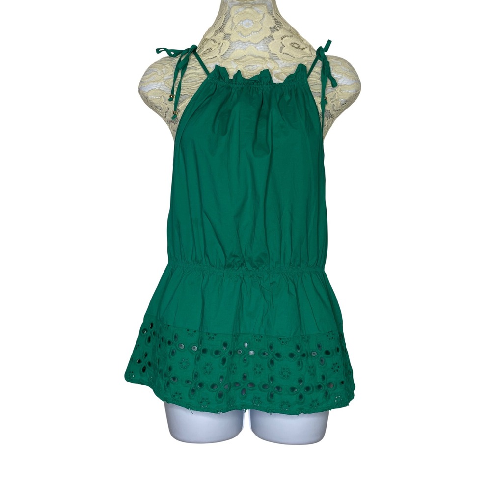 Halston Halter Top Womens S Green Eyelet Embroidered Cotton Boho Cottagecore